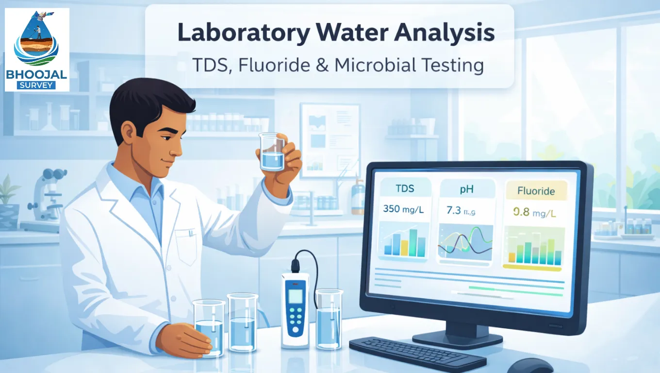 Professional laboratory water quality testing for borewell and groundwater samples showing TDS, fluoride and microbial analysis equipment.