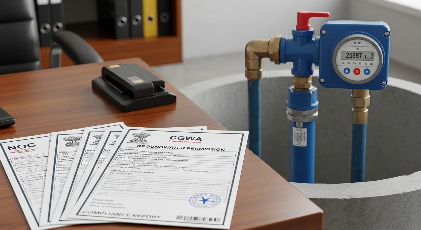 A depiction of CGWA compliance documents and a borewell with a water meter, representing legal groundwater abstraction.