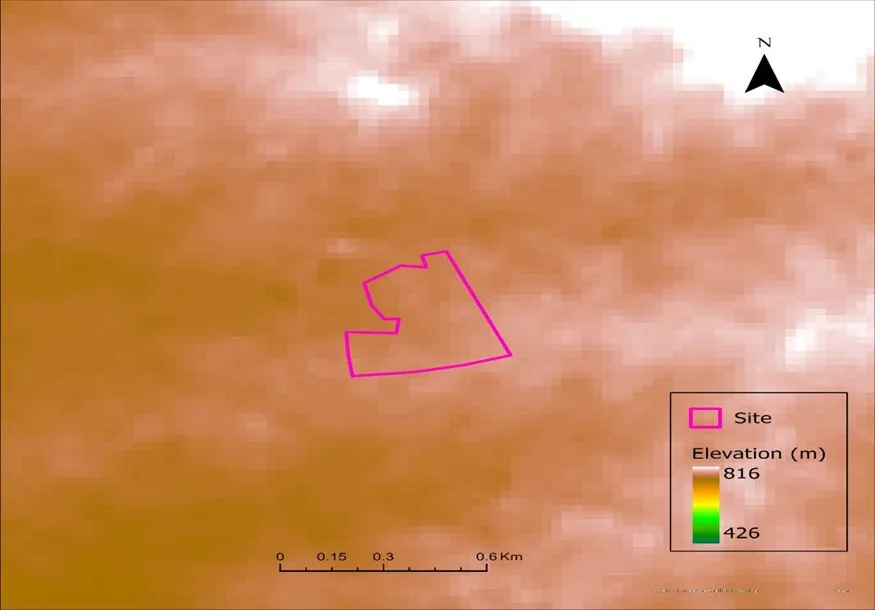 Digital Elevation Model (DEM) showing site elevation ranging from 426m to 816m with project boundary — used by Bhoojal Survey for catchment delineation and flow direction analysis in hydrological survey