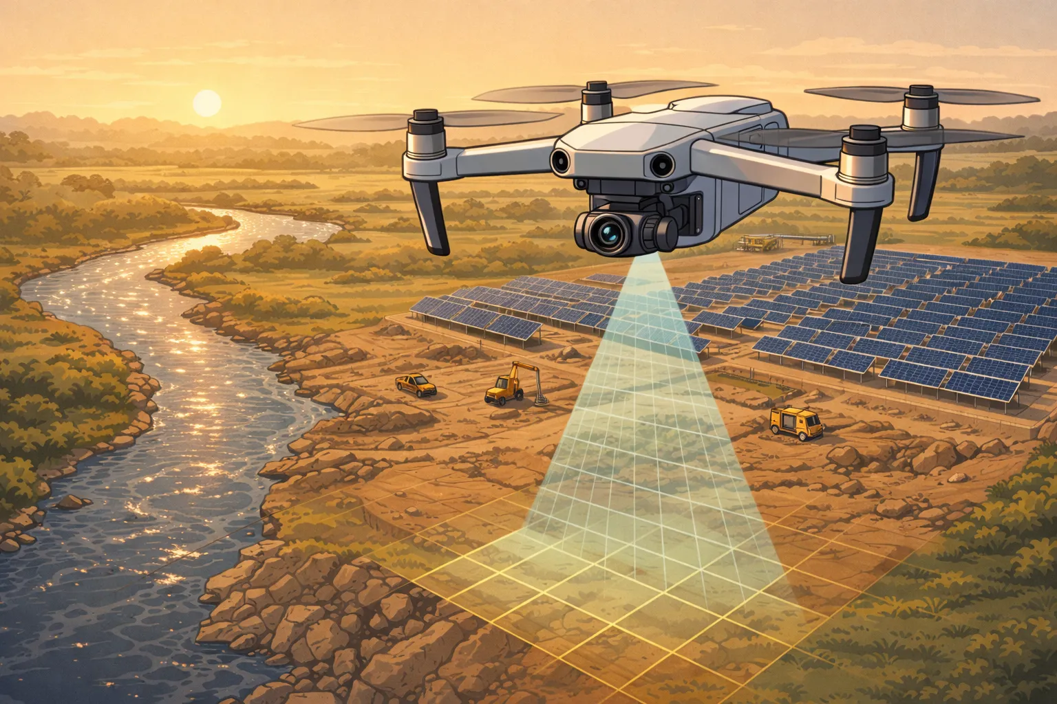Drone aerial survey being conducted over a large solar park site for engineering hydrogeology terrain mapping in India.
