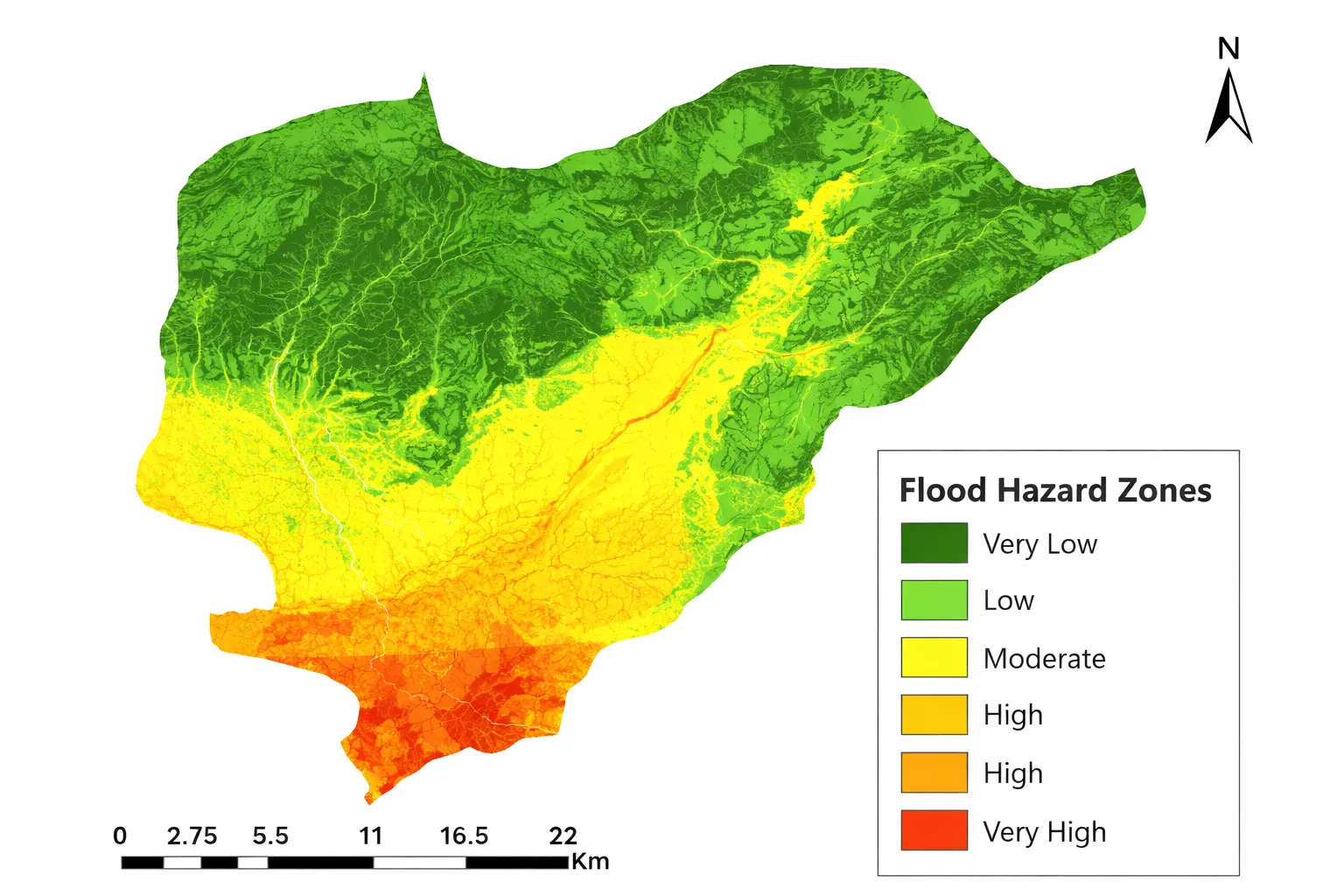 GIS-based flood modelling analysis showing flood inundation zones for a solar and infrastructure project site in India.
