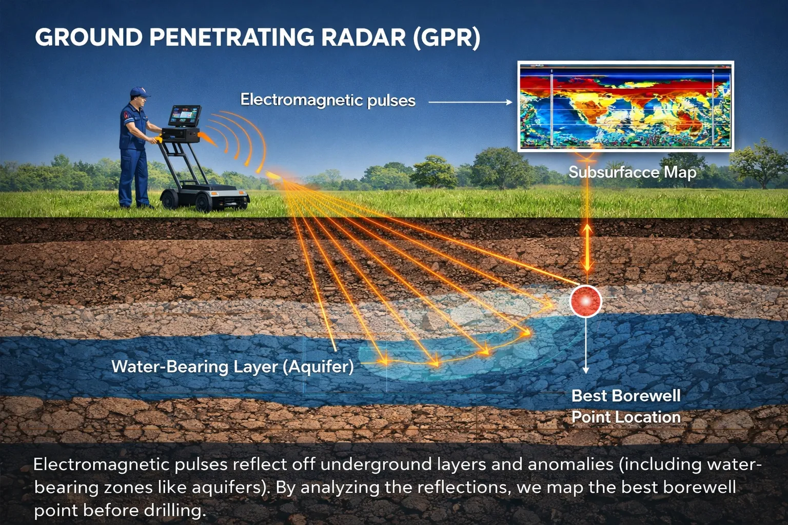 Bhoojal Survey GPR Surveyor team deploying SSRMPATS and GER Detect instruments on a farm plot in Madhya Pradesh for borewell groundwater detection