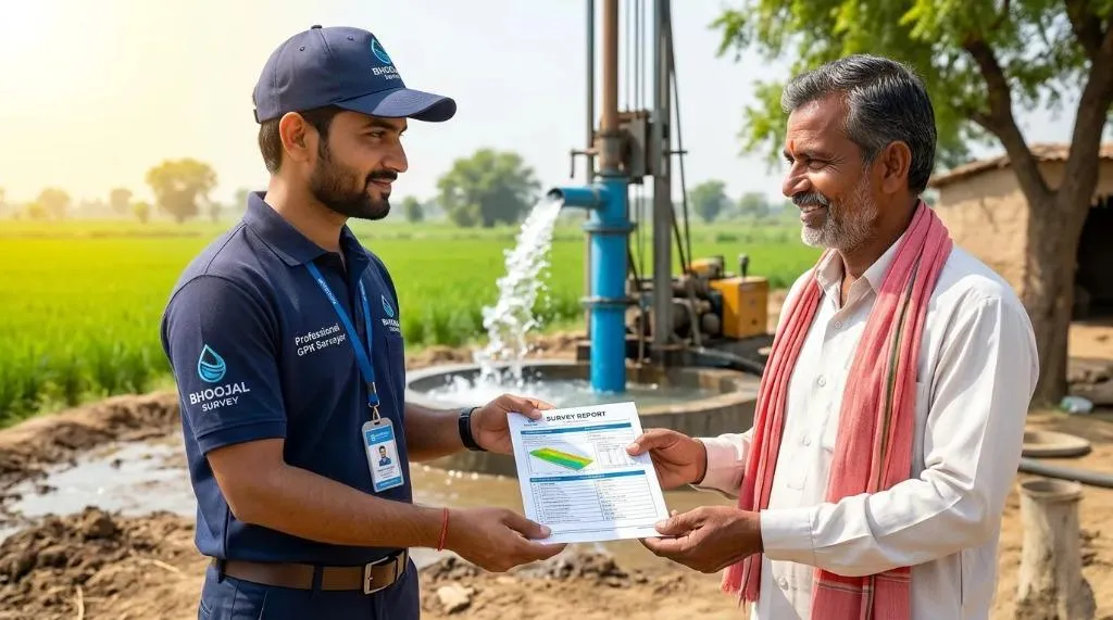 Bhoojal Survey hydrogeologist handing over GPR survey report to a farmer client showing recommended borewell drilling point — successful groundwater detection in India