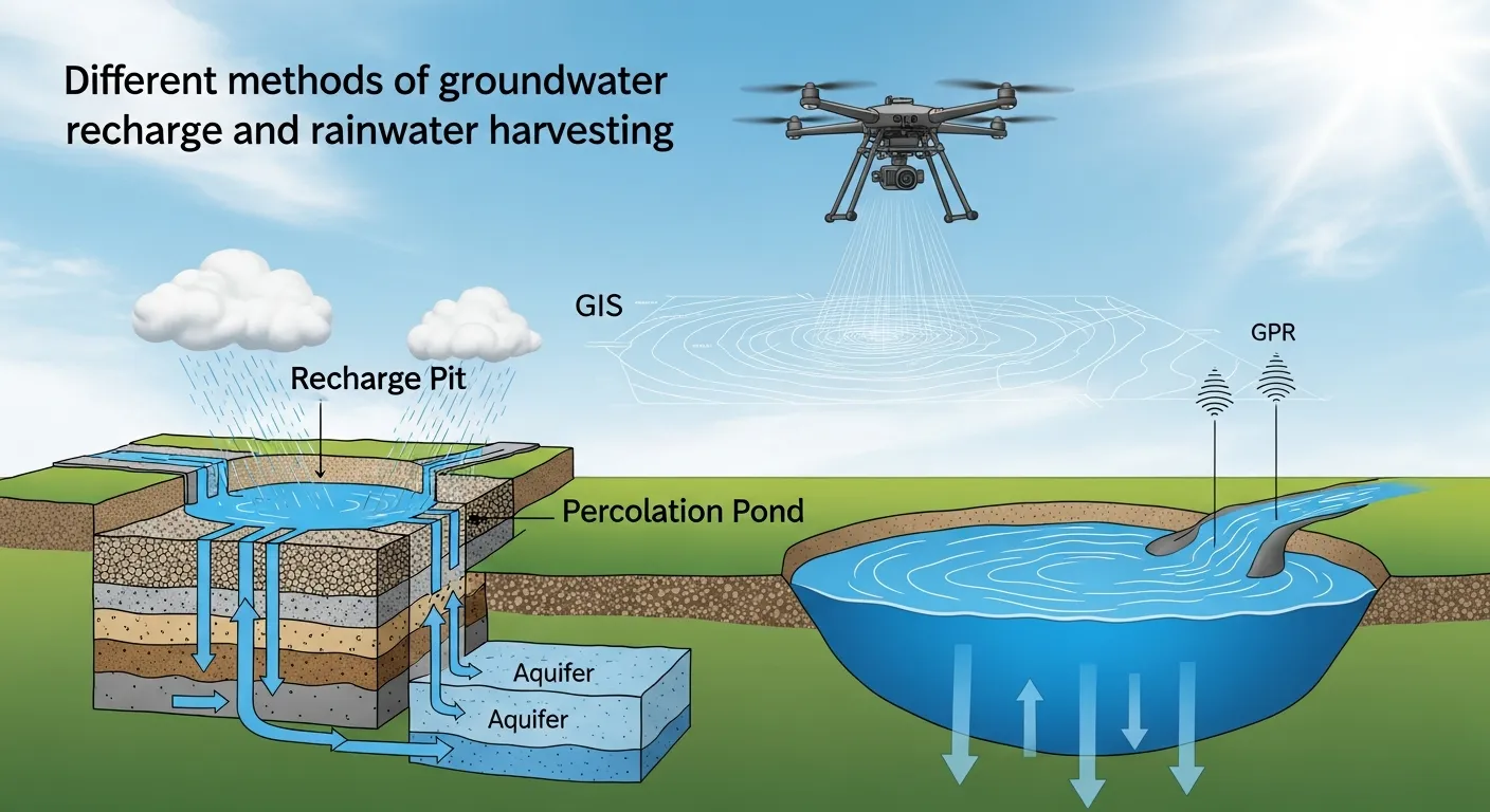 An illustration showing different methods of groundwater recharge and rainwater harvesting.