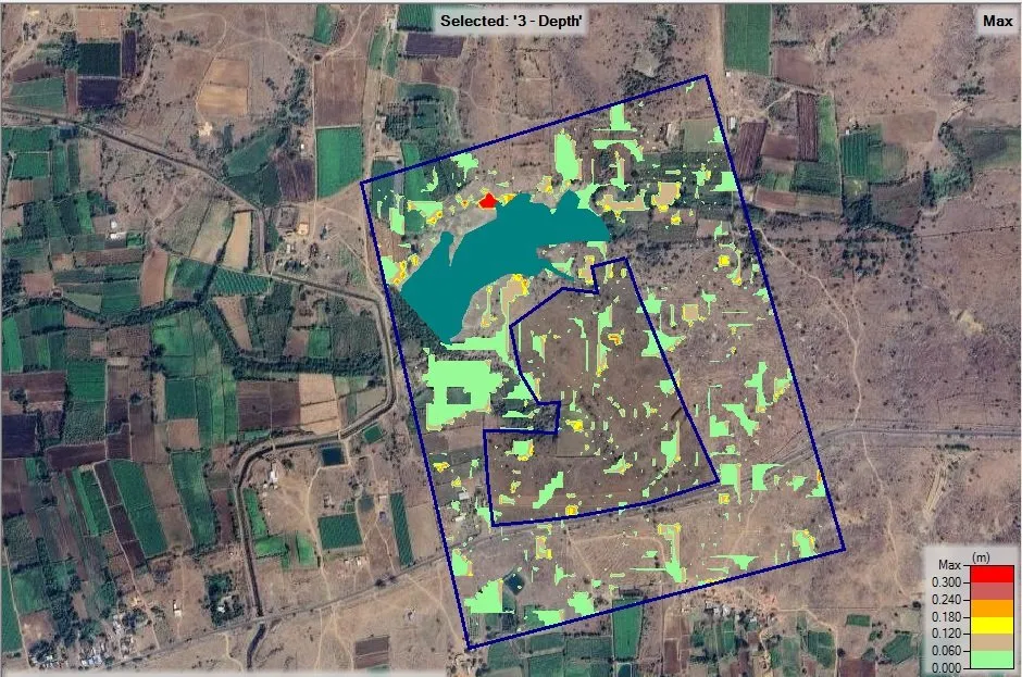 HEC-RAS 2D flood depth map showing maximum inundation zones with project boundary — analyzed by Bhoojal Survey for hydrological flood risk assessment