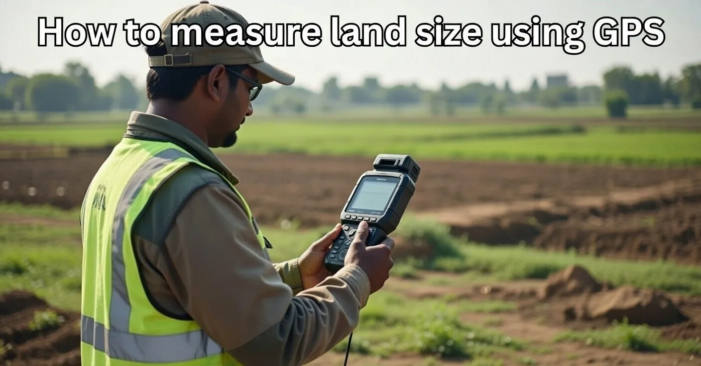A professional land surveyor, appearing experienced and focused, stands in an open, sunlit outdoor environment (e.g., a green field, a developing construction site, or a rural plot). They are holding a modern, robust handheld GPS device, clearly visible and showing a digital display. The surveyor is actively engaged in taking a measurement, possibly looking at the device screen or towards a distant boundary point. The background should be slightly blurred to keep the focus on the surveyor and the GPS equipment, but still convey the context of land surveying. The lighting should be natural and bright, suggesting daylight. The overall tone should be professional, technical, and convey accuracy and efficiency in land measurement. The surveyor should be dressed in appropriate field attire (e.g., practical outdoor clothing, maybe a safety vest).