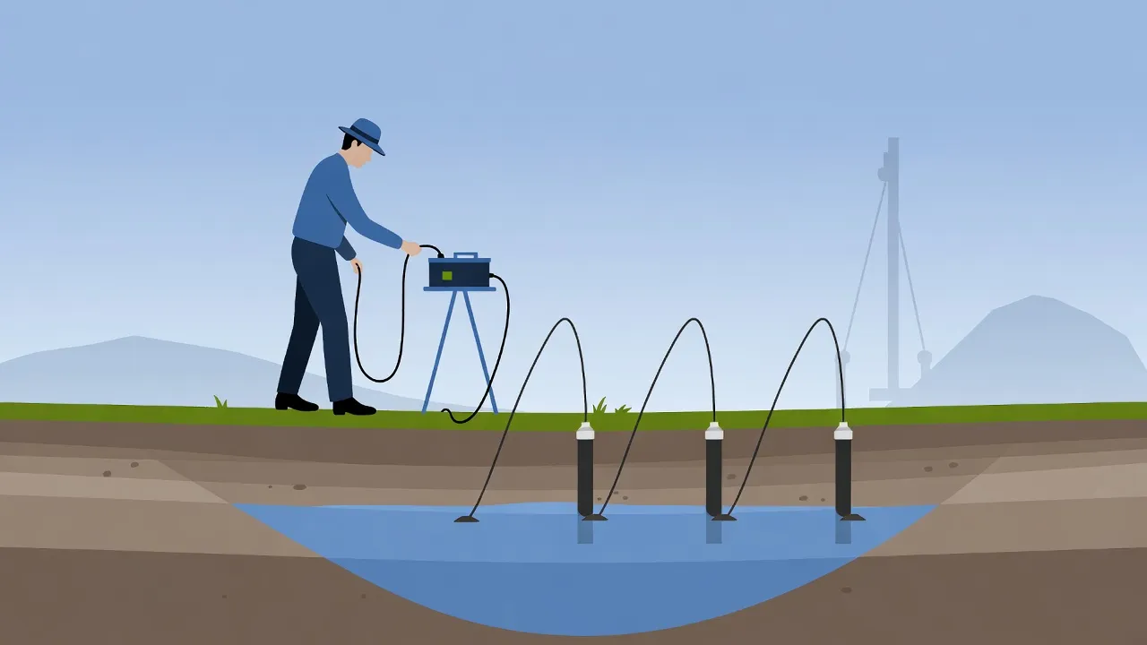 Hydrogeologist conducting field survey with geophysical equipment