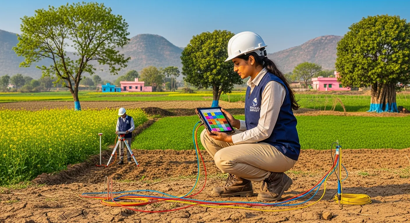 A hydrogeologist using geophysical equipment to conduct a groundwater survey in a field.