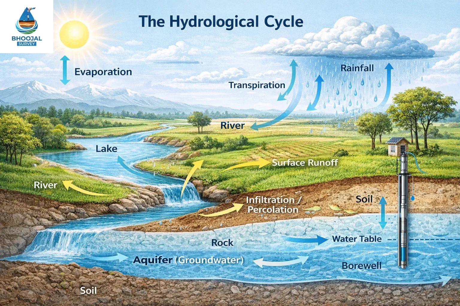 Hydrological survey cycle diagram showing groundwater recharge, surface water flow borewell planning in India
