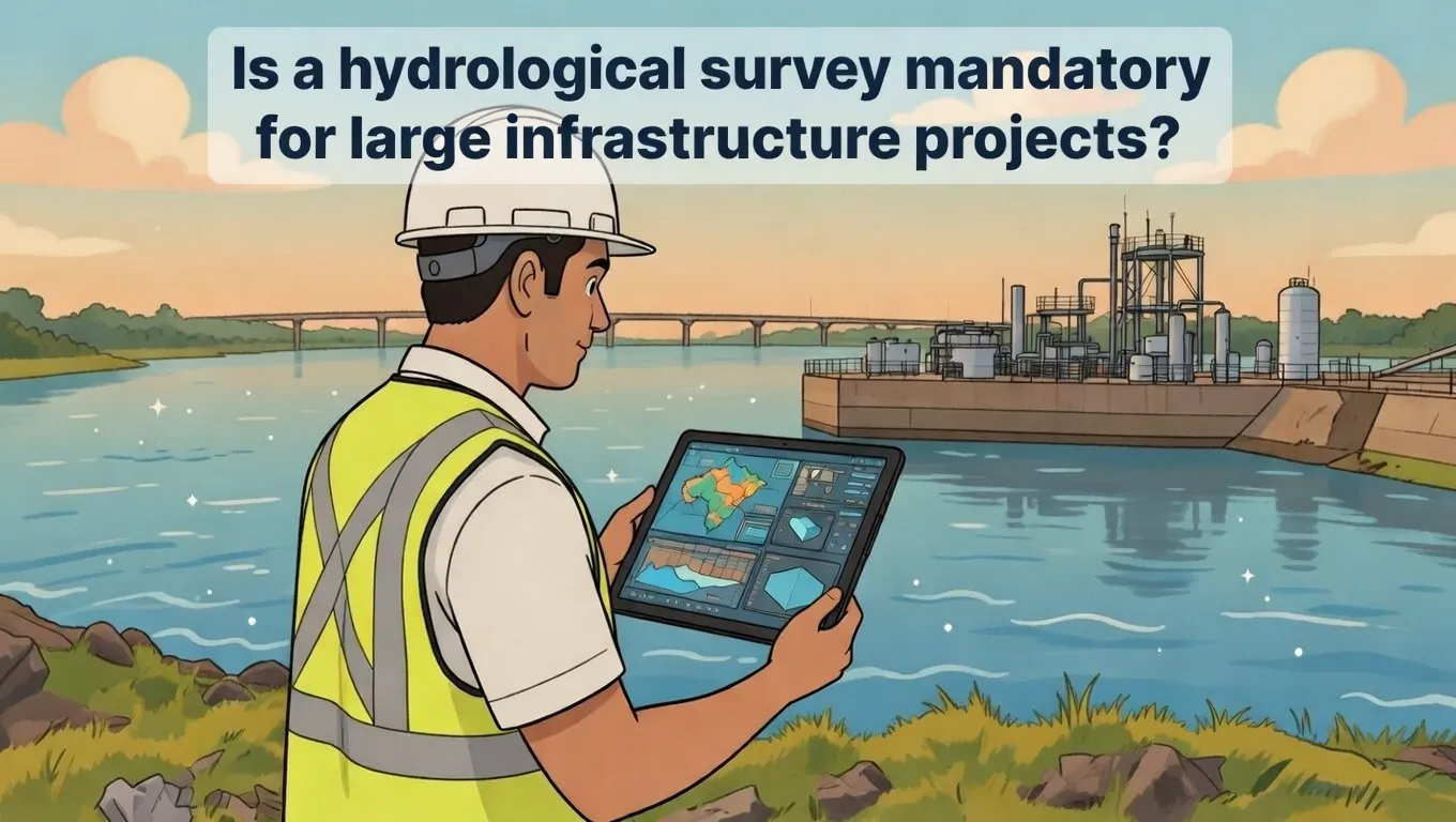 A water resources engineer analyzing river flow data and hydrological maps at a field site in India.