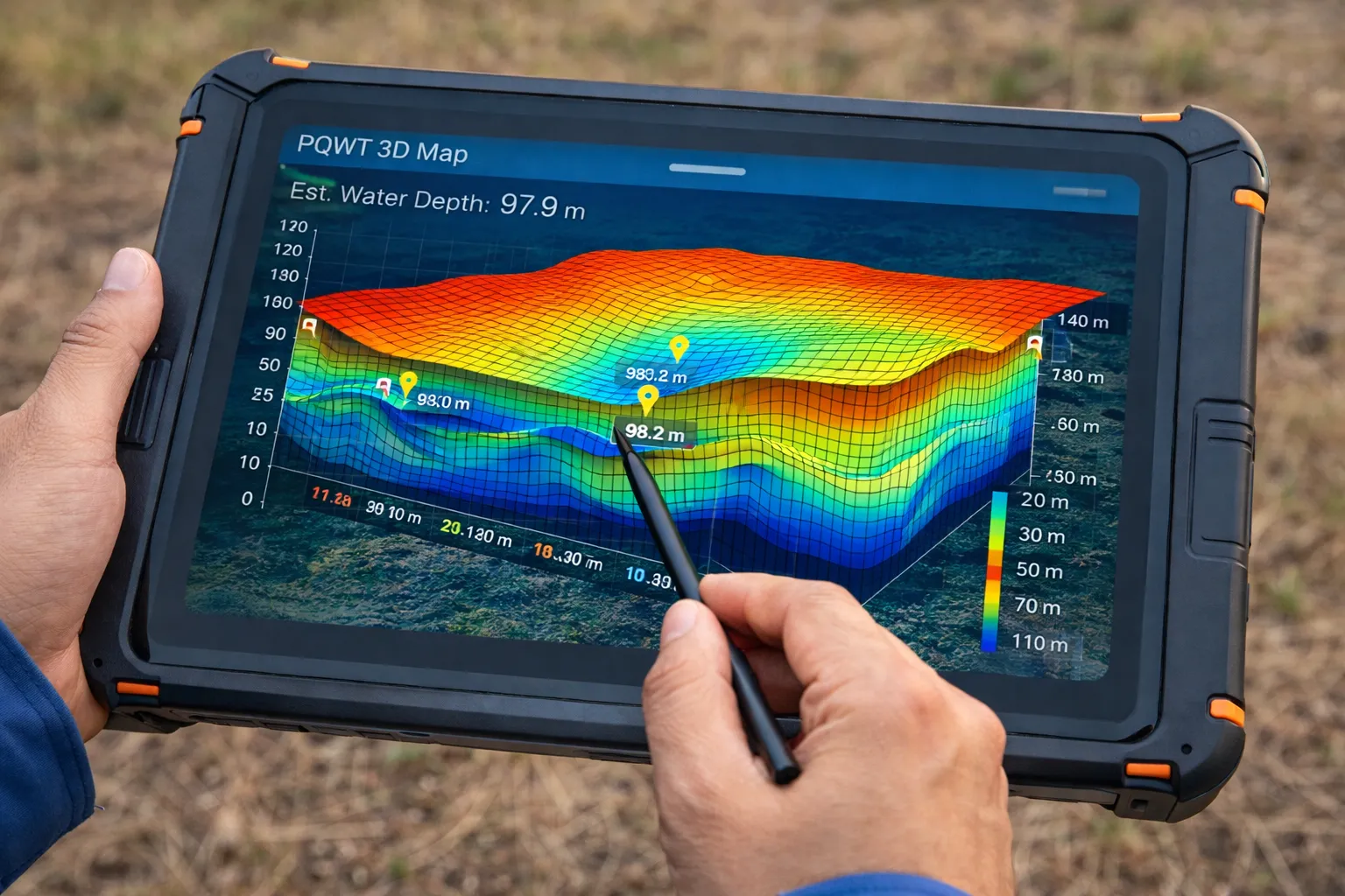 PQWT 3D map machine showing live ground water detector output with aquifer zones and water depth displayed on mobile app interface during bhoojalsurvey groundwater survey