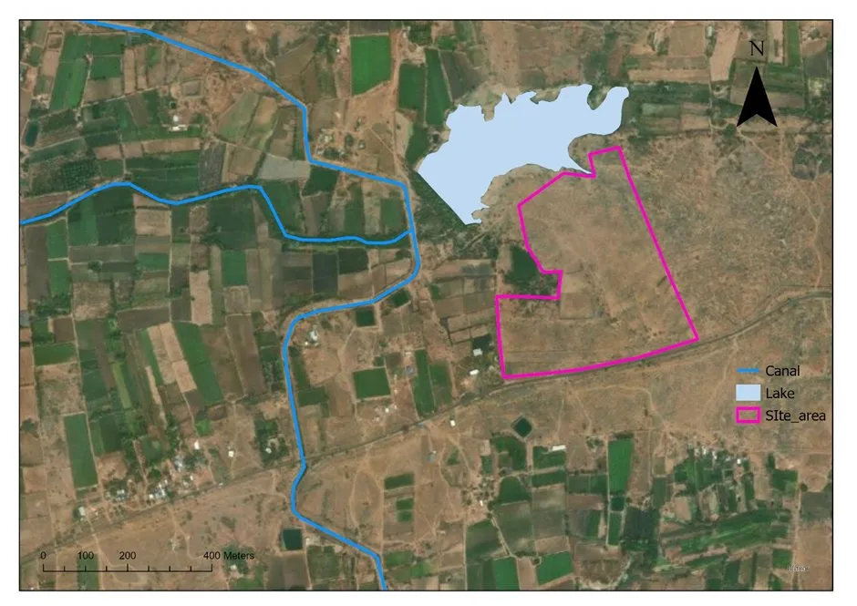 GIS satellite view of a hydrological survey project site in India — showing canal (blue line), lake (light blue), and site area boundary (pink outline) used for catchment mapping and flood risk proximity assessment by Bhoojal Survey